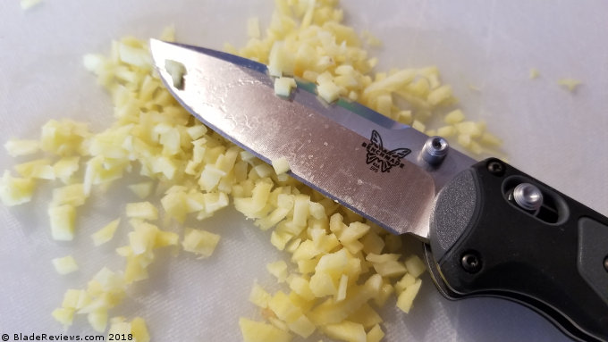 Benchmade Mini Boost mincing Garlic